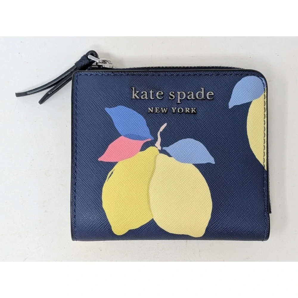 Kate Spade New York Cameron Lemon Zest Navy Blue Small Zip Bifold Wallet